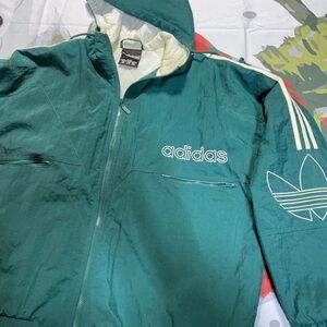 Vintage Adidas Jacket Mens Large Green Nylon Hooded Trefoil 3 Stripe 90s Retro